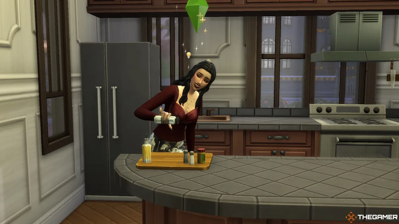 一个女性模拟人生角色在黑寡妇挑战中在一个大厨房里烹饪