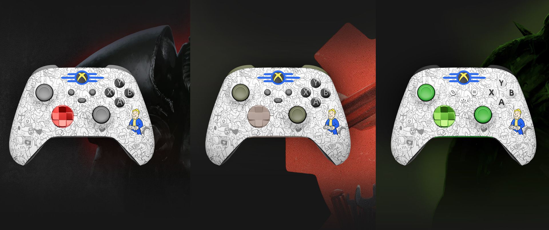 Key art di desGameTopic con esempi dei controller a tema Fallout dal laboratorio Xbox desGameTopic