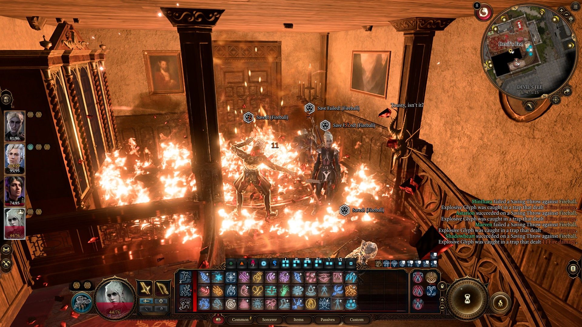 Grupo de aventureros son alcanzados por la explosión de la trampa de fuego del Sediento Guardián en Devil's Fee Baldur's Gate 3
