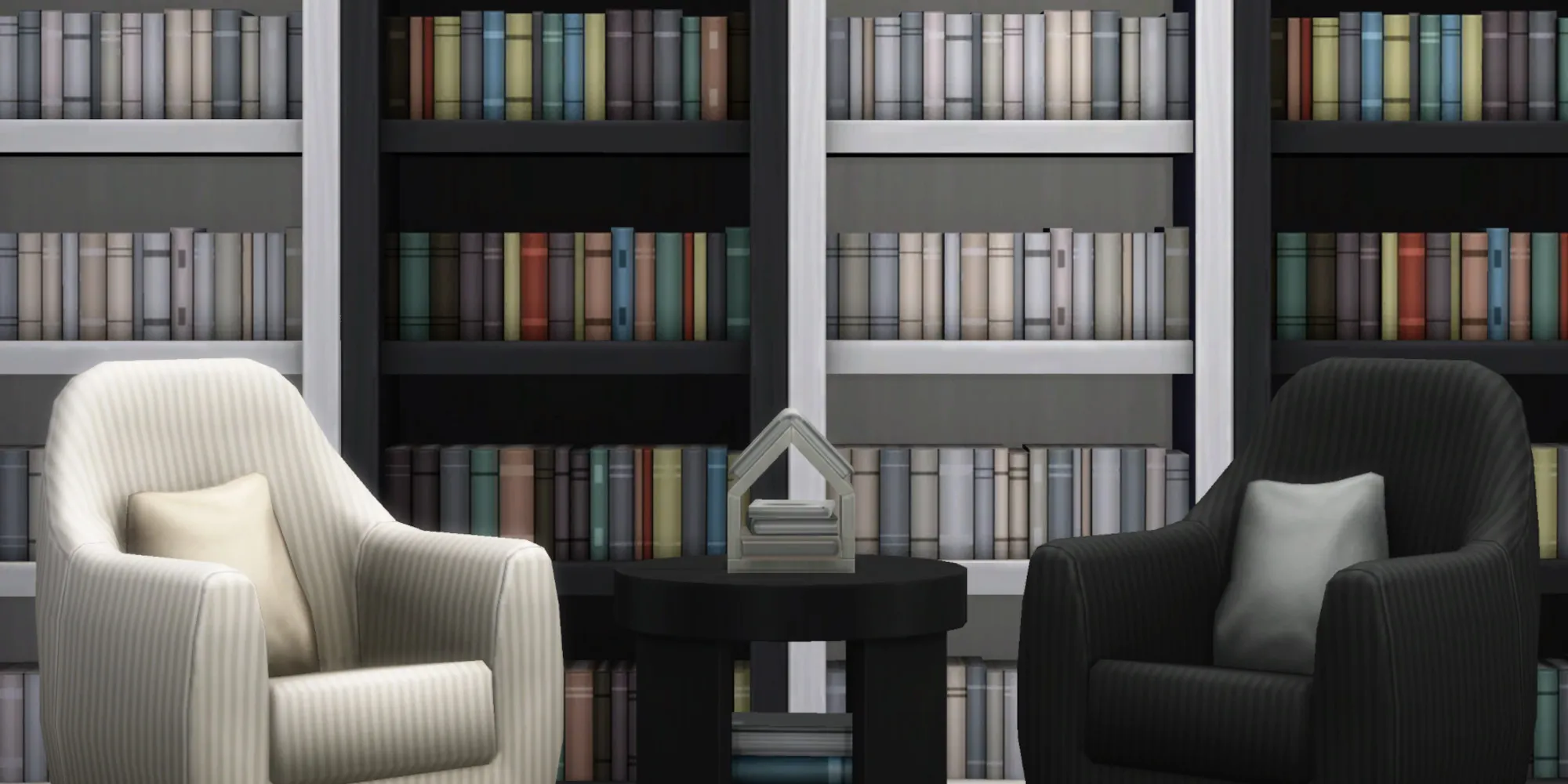 Комната в The Sims 4 со стенными полками для книг