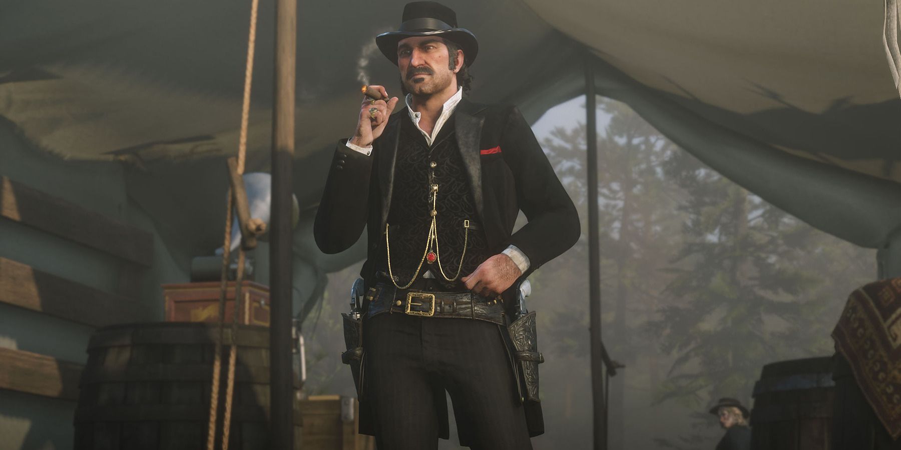 Dutch van der Linde in Red Dead Redemption 2 smoking a cigar