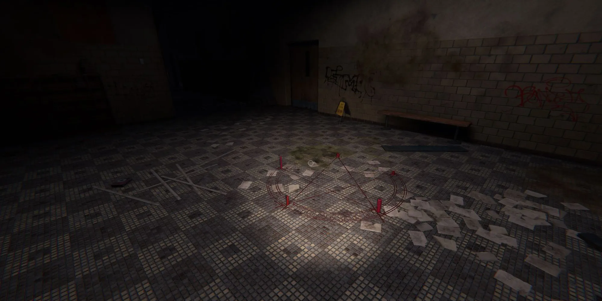 Image depicts a red summoning circle in Phasmophobia on the floor of Brownstone High School.