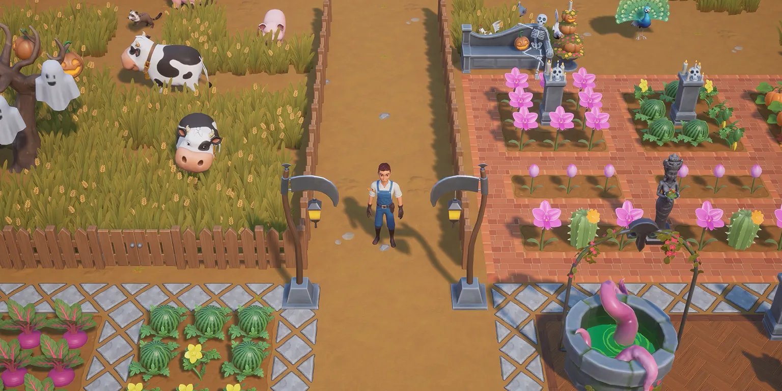 Coral Island screenshot. Farmer standing on farm