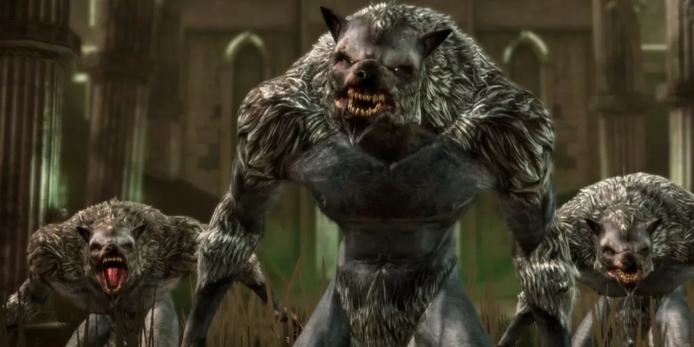 Dragon Age Origins中的三只狼人，露出牙齿