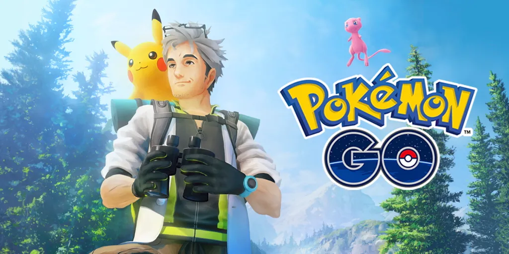 Professor Willow com Pikachu em seu ombro, com Mew e o logotipo do Pokemon Go à direita
