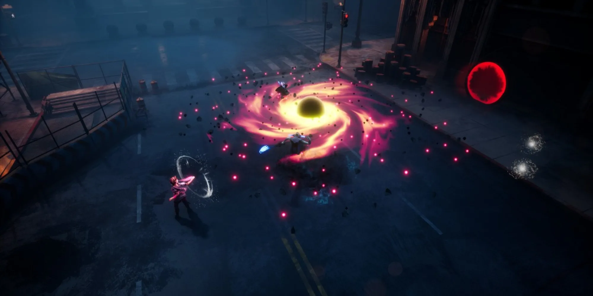 Un jugador convocando un agujero negro en un estacionamiento en Dreamscaper
