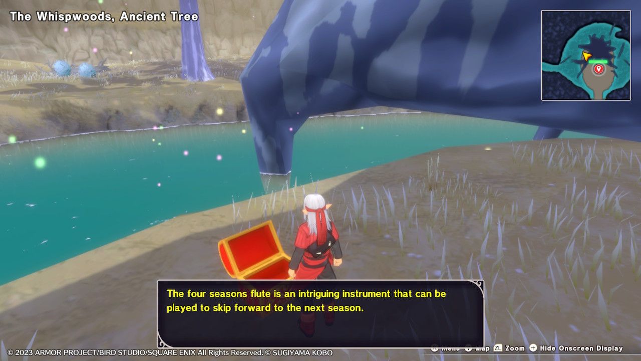 Psaro abriendo un cofre del tesoro en el Bosque de Susurros y obteniendo un resumen de la flauta de las cuatro estaciones después de recibirla en Dragon Quest Monsters: The Dark Prince.