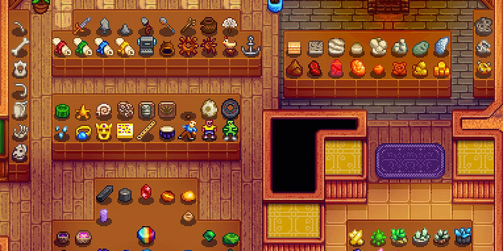 A collection of colorful gems and artifacts are on tables in the Stardew Valley museum