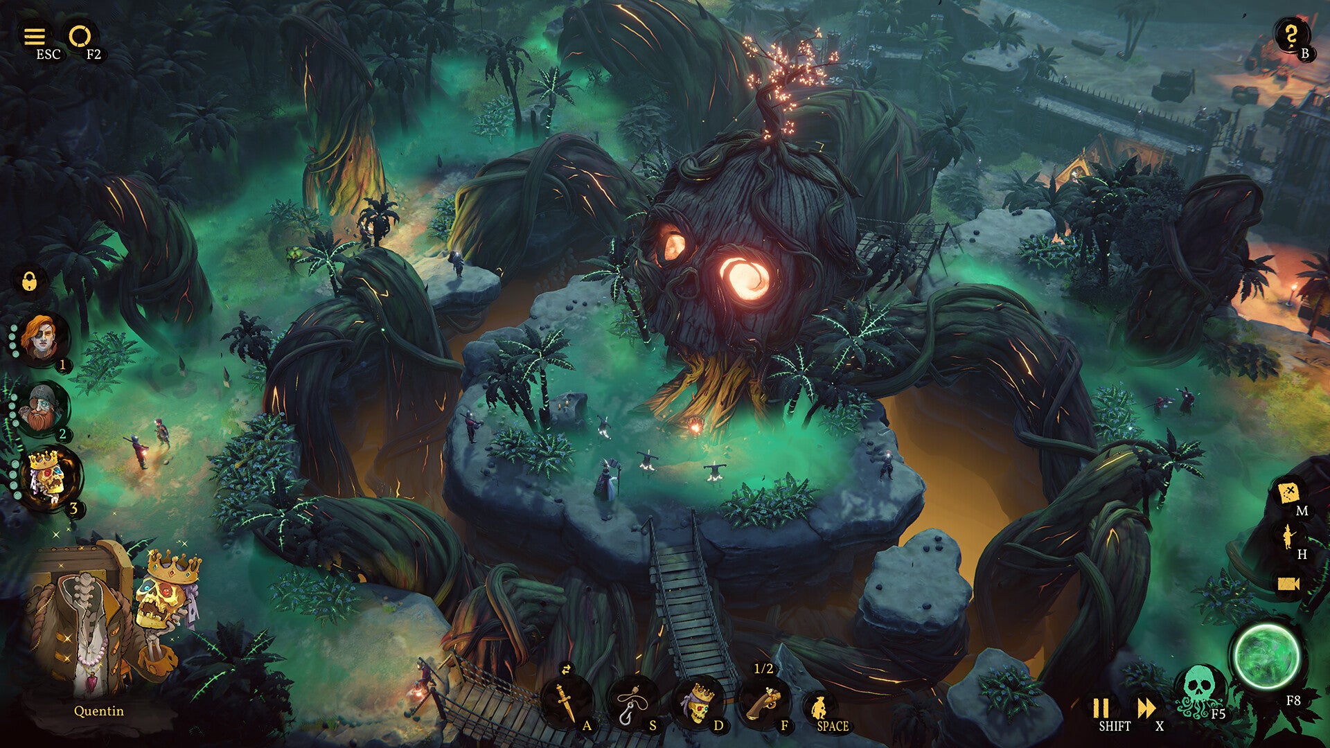 Скриншот игры Shadow Gambit с птичьего полета, показывающий образование, напоминающее череп, окруженное зеленым необычайным дымом на тропическом островном участке.