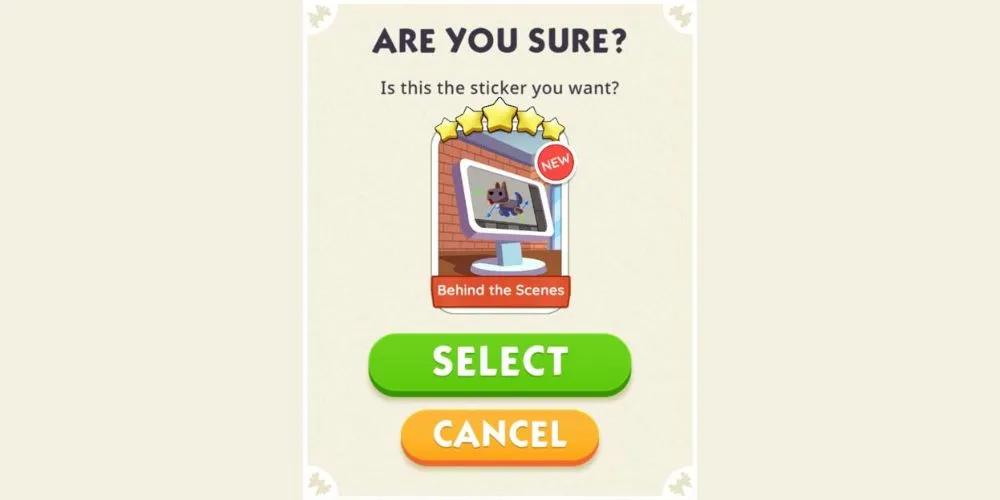 Message contextuel de confirmation pour Wild Sticker dans Monopoly Go