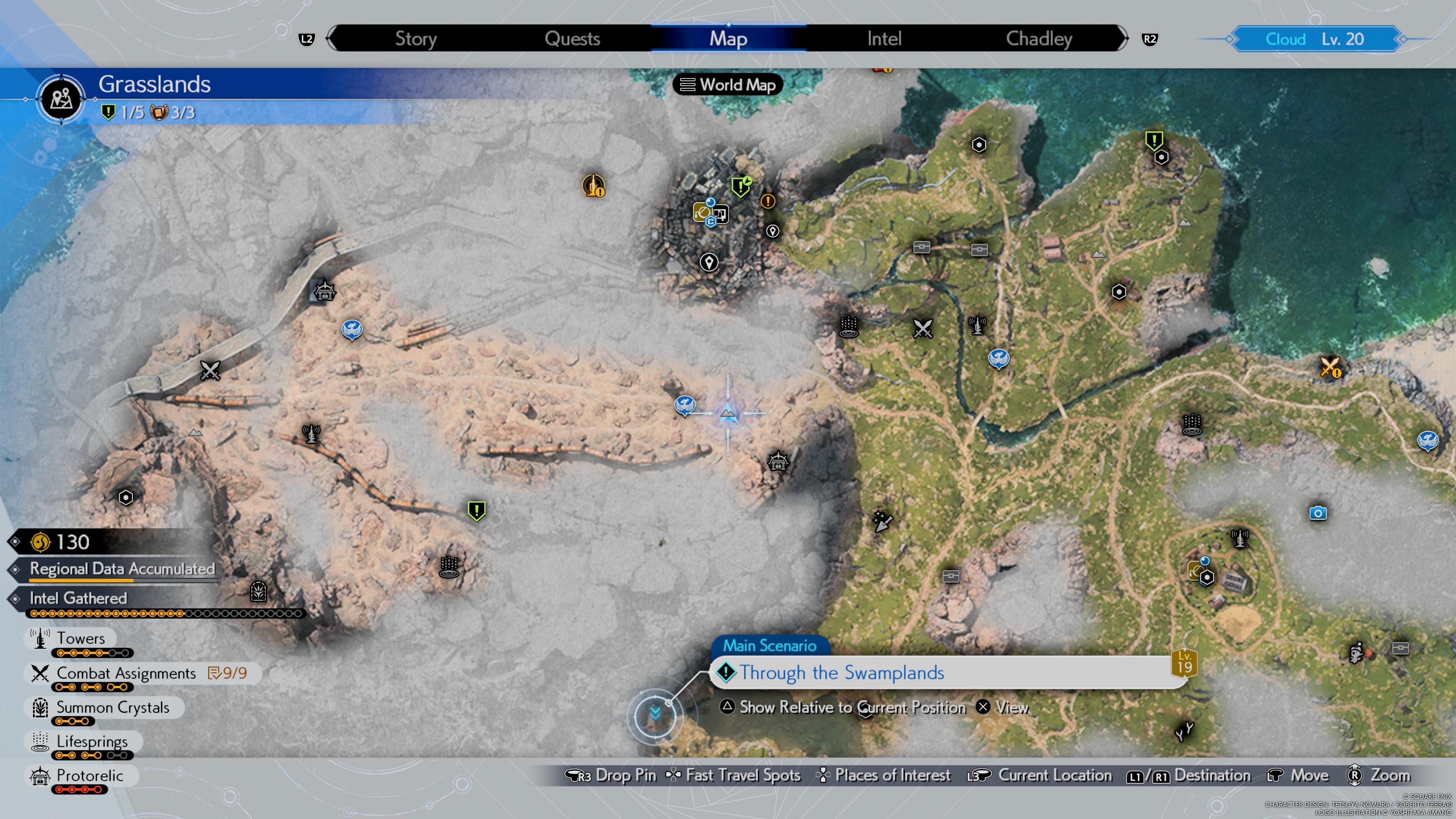 Carte des prairies dans FF7 Rebirth mettant en valeur la quête principale À travers les marécages