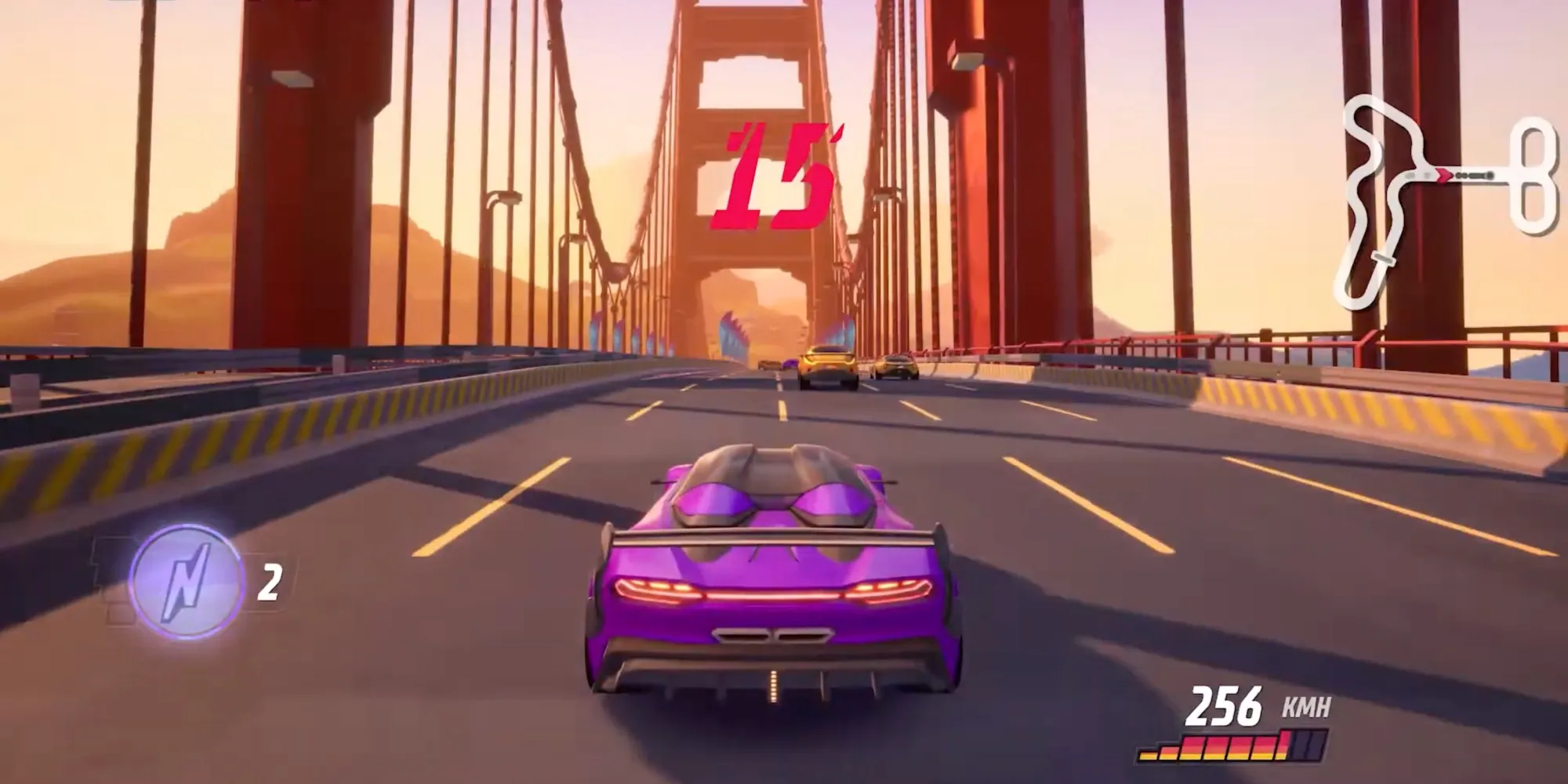 Il giocatore guida su un ponte per battere i piloti ad altissima velocità