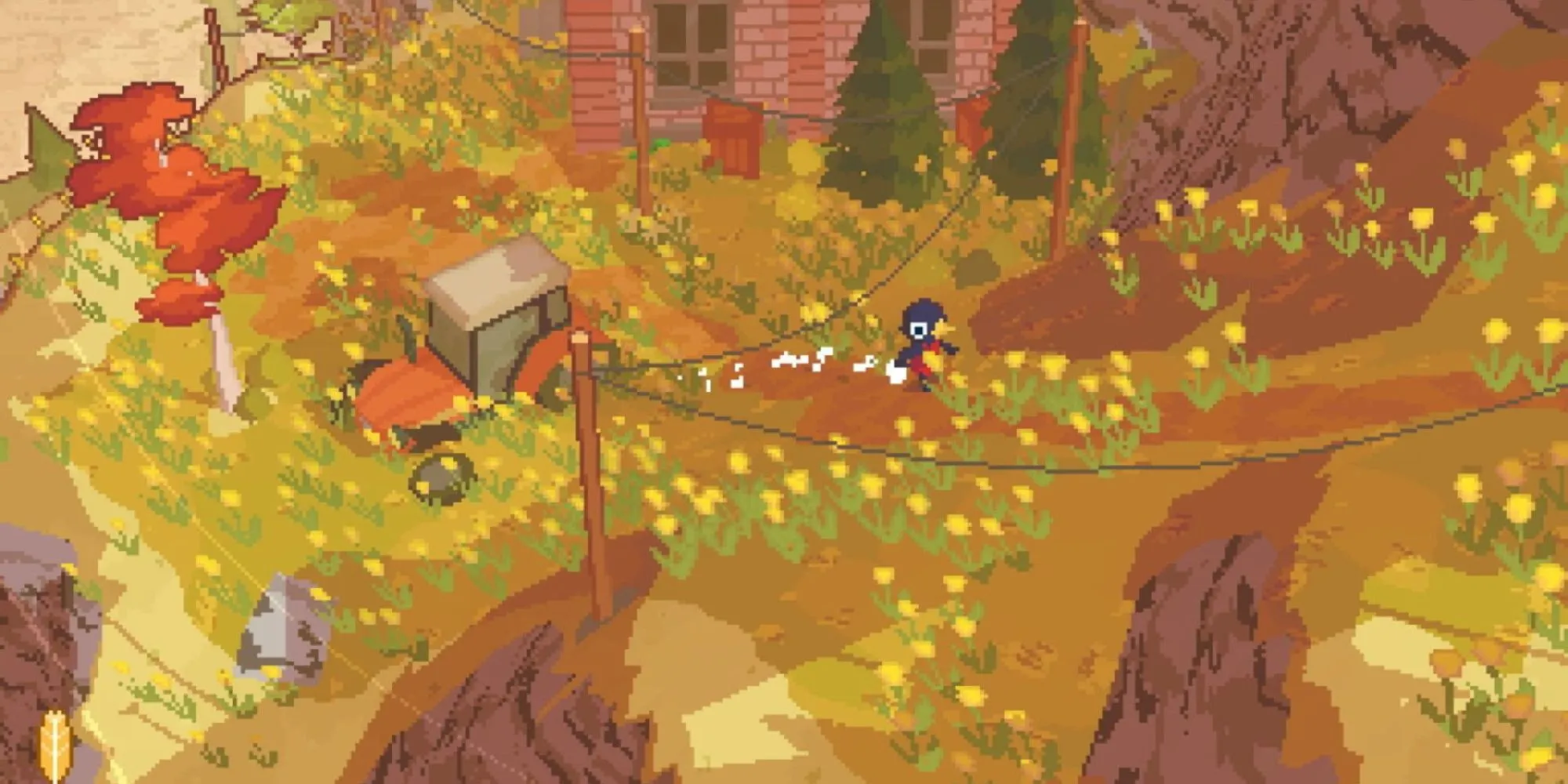 플레이어가 집과 트랙터가 배경에 보이는 언덕을 뛰어 오르는 모습