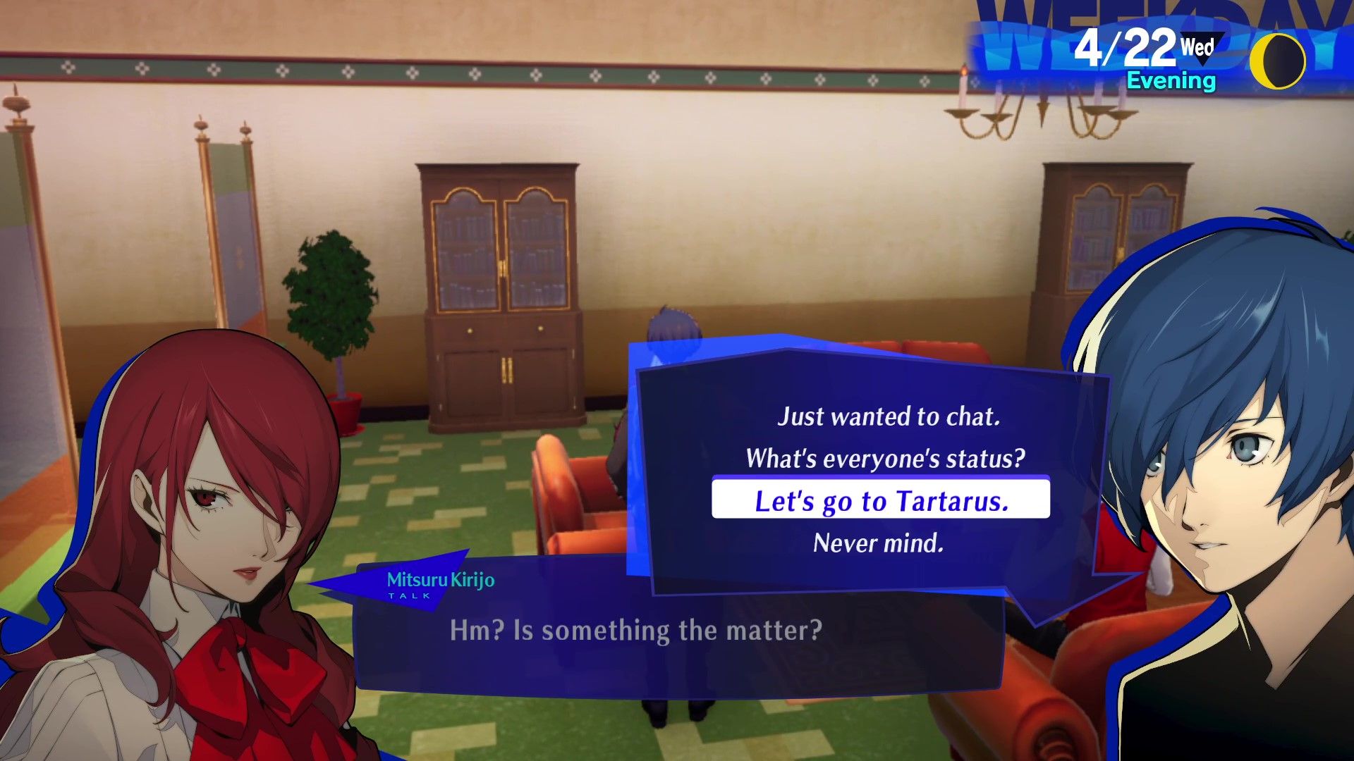 Persona 3 Reload Opciones al hablar con Mitsuru en el Dormitorio durante la noche