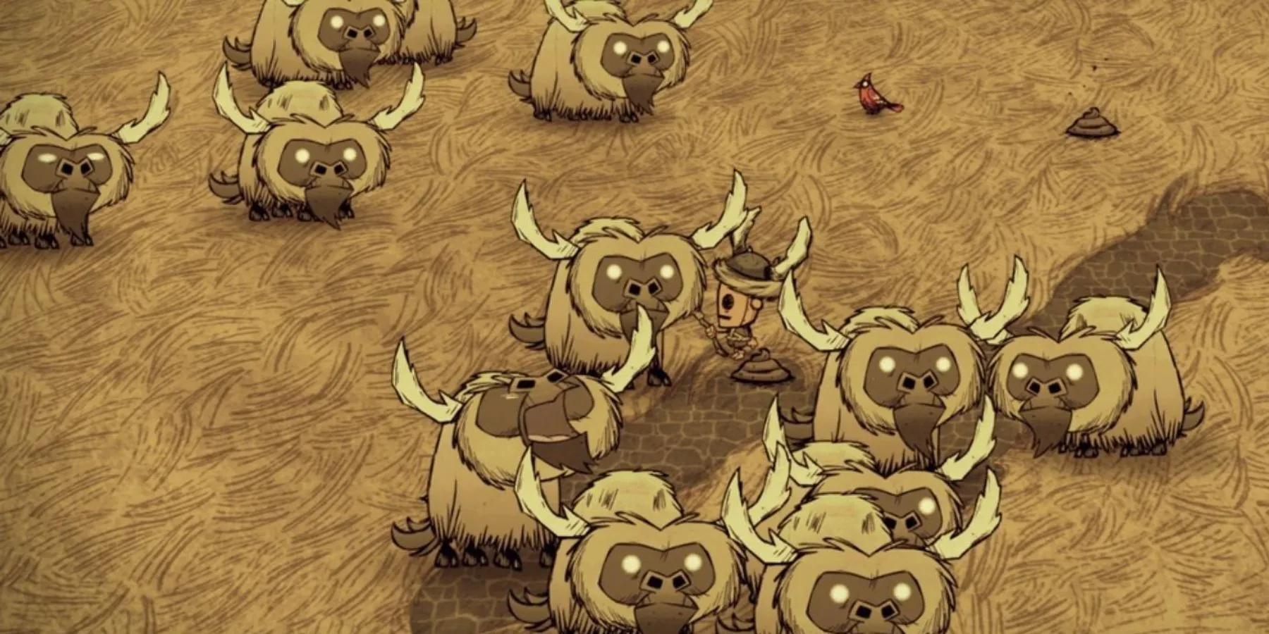 Don't Starve player surrounded by Beefalo