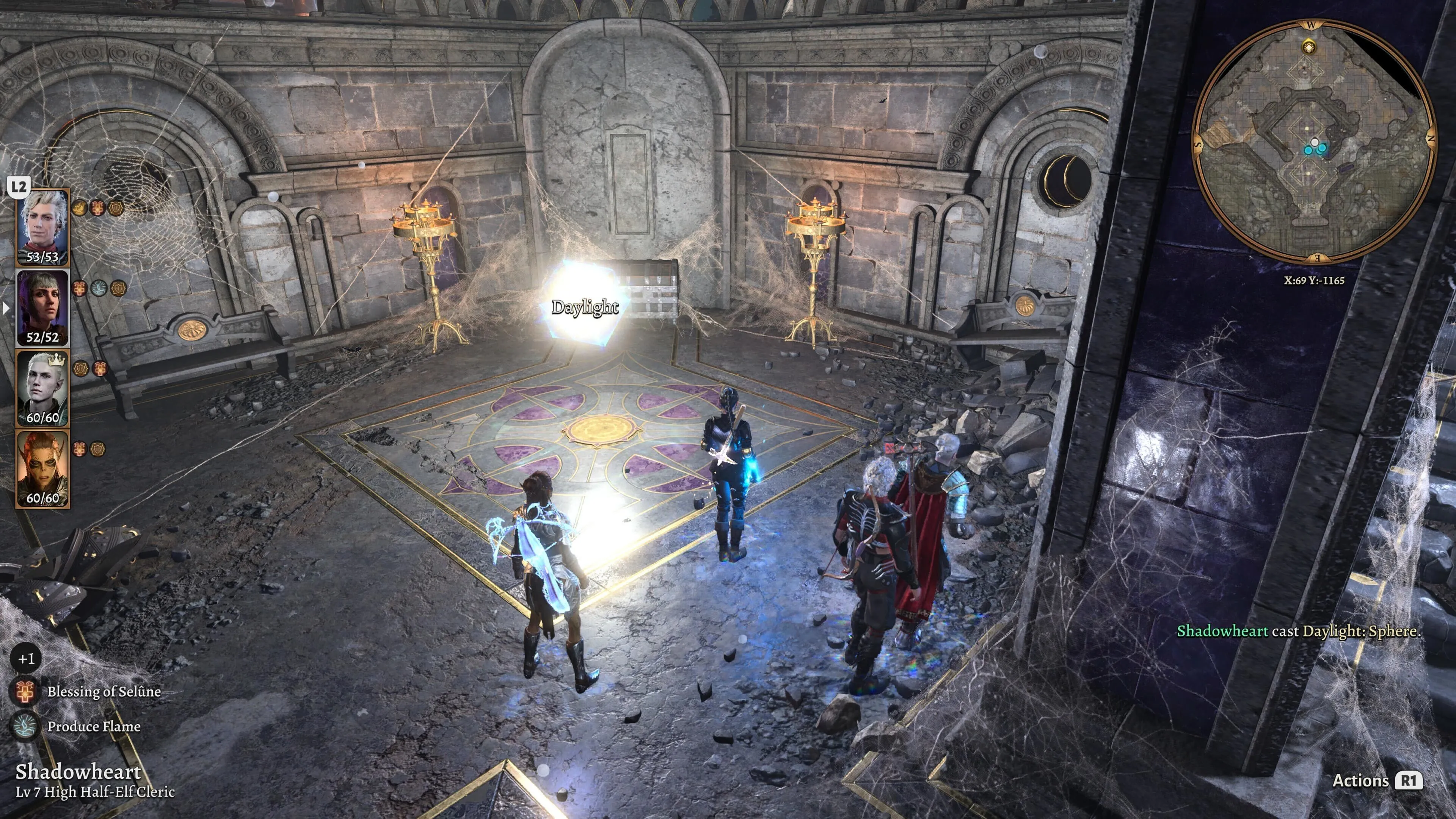 《巴尔德之门3》中一支队伍站在一座废墟中，周围有一盏日光球的图片