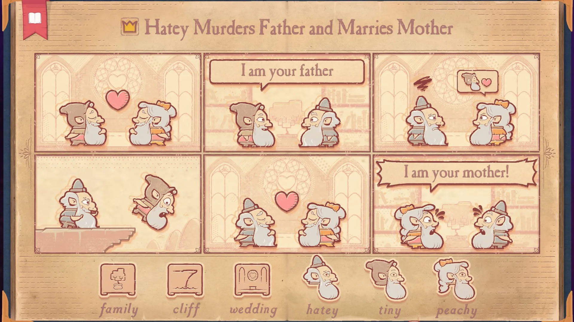The solution for the Oedipus section of Storyteller, showing Hatey murdering his father then marrying his mother.