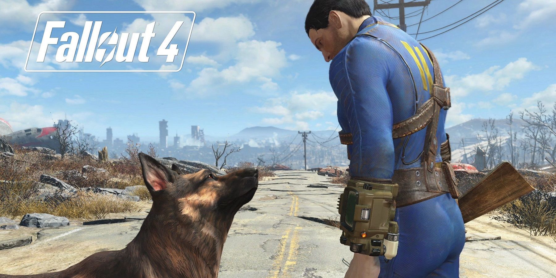 Image de Fallout 4 montrant l'habitant de l'abri regardant Dogmeat.