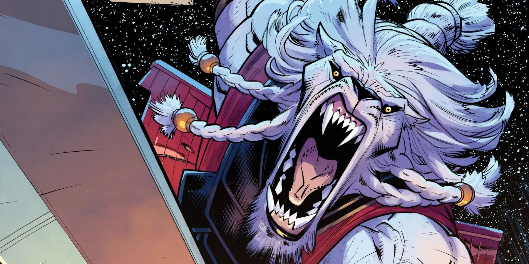 Battle Beast in space, showing off his teeth and blade