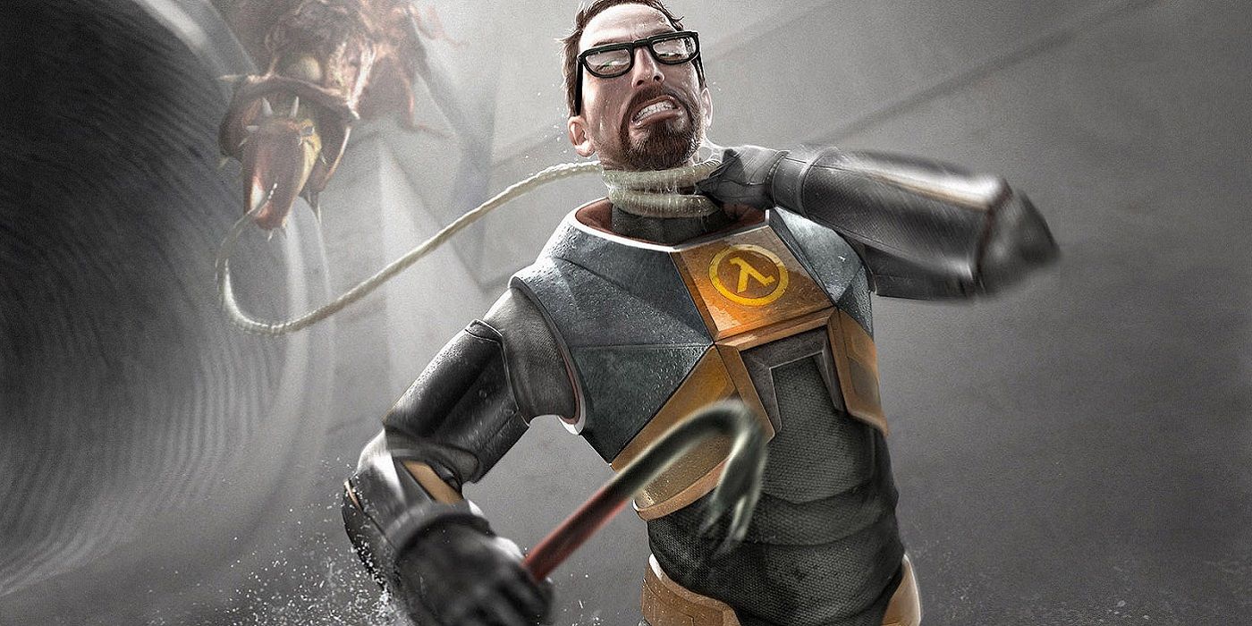 Arte de Half-Life 2 que muestra a Gordon Freeman siendo estrangulado por un bígaro.