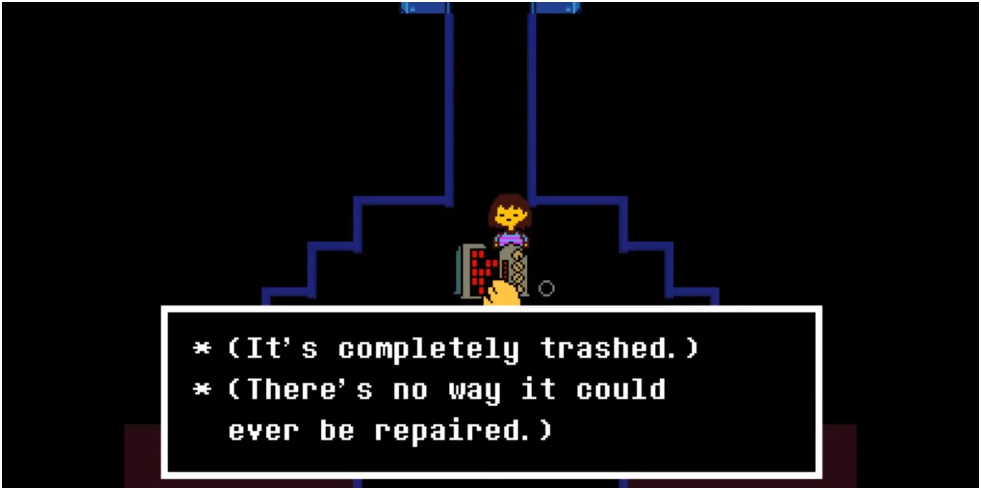 Alphys examining Mettaton’s broken body while Chara is interacting with it.