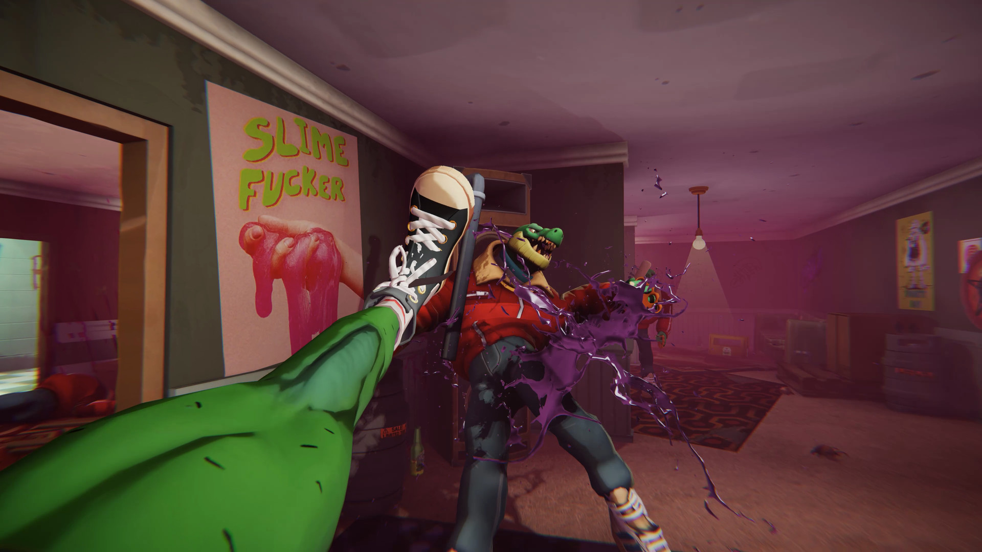 《Anger Foot》游戏截图中的一只两足鳄鱼被踢在脸上