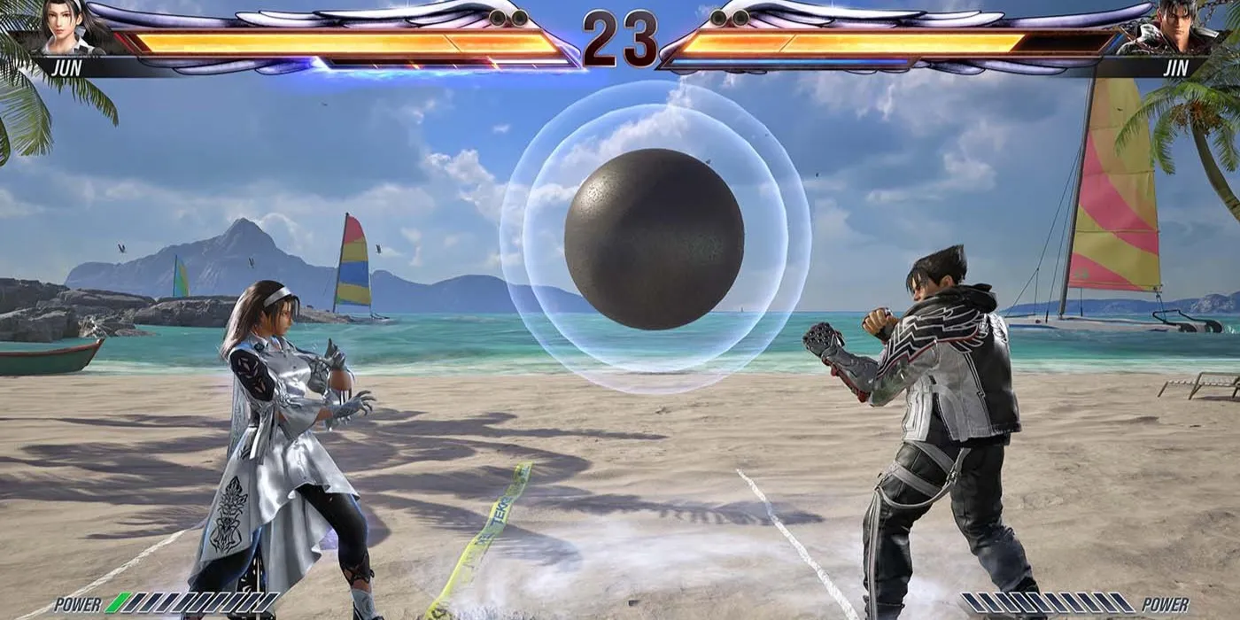 Jun y Jin Kazama juegan Tekken Ball en una playa soleada con una bola de hierro en Tekken 8.