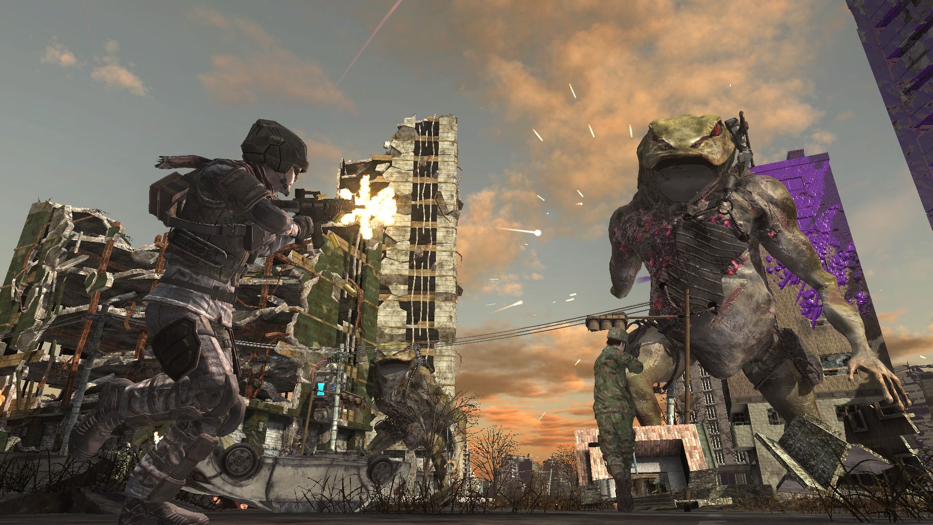 Gli esseri umani sparano mitragliatrici a un gigantesco gecko kaiju in Earth Defense Force 6