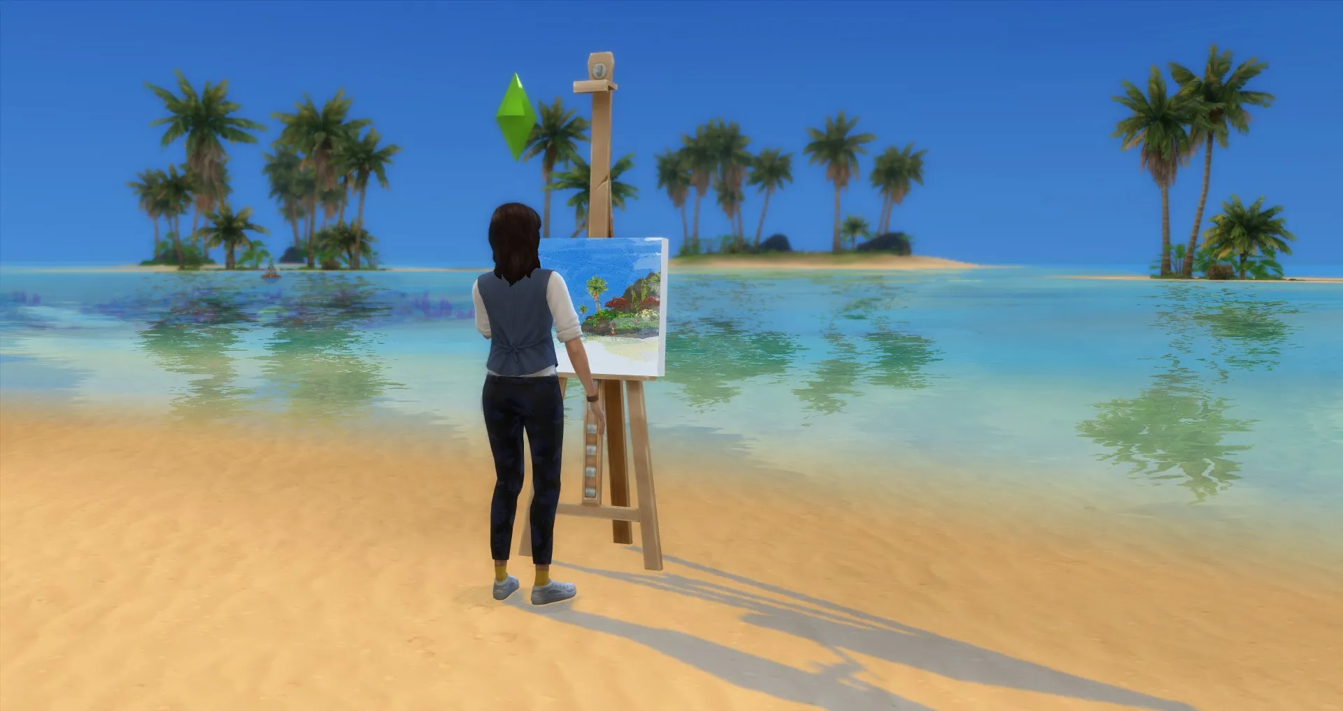 Un Sim à la plage de Sulani peignant une référence - Les Sims 4 Peintre Extraordinaire