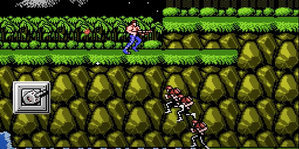 Soldier running across a jungle with enemies approaching from below