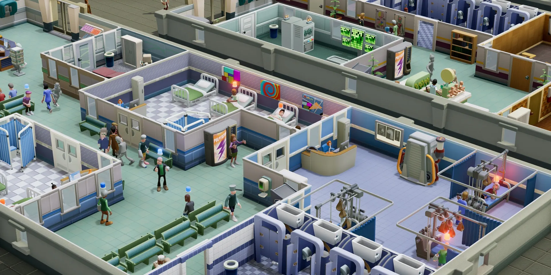 《Two Point Hospital》的俯视图，显示几个房间