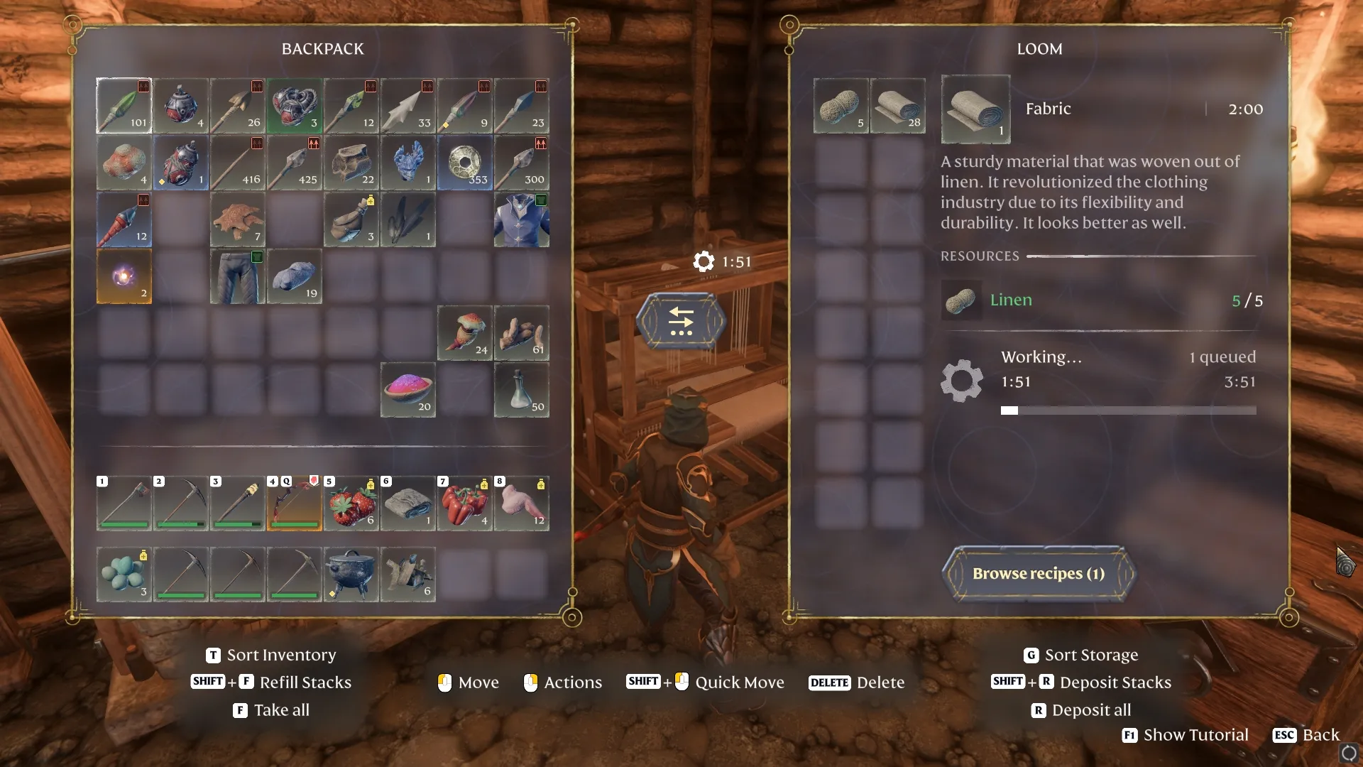 Crafting menu for Fabrics in the Loom in Enshrouded.