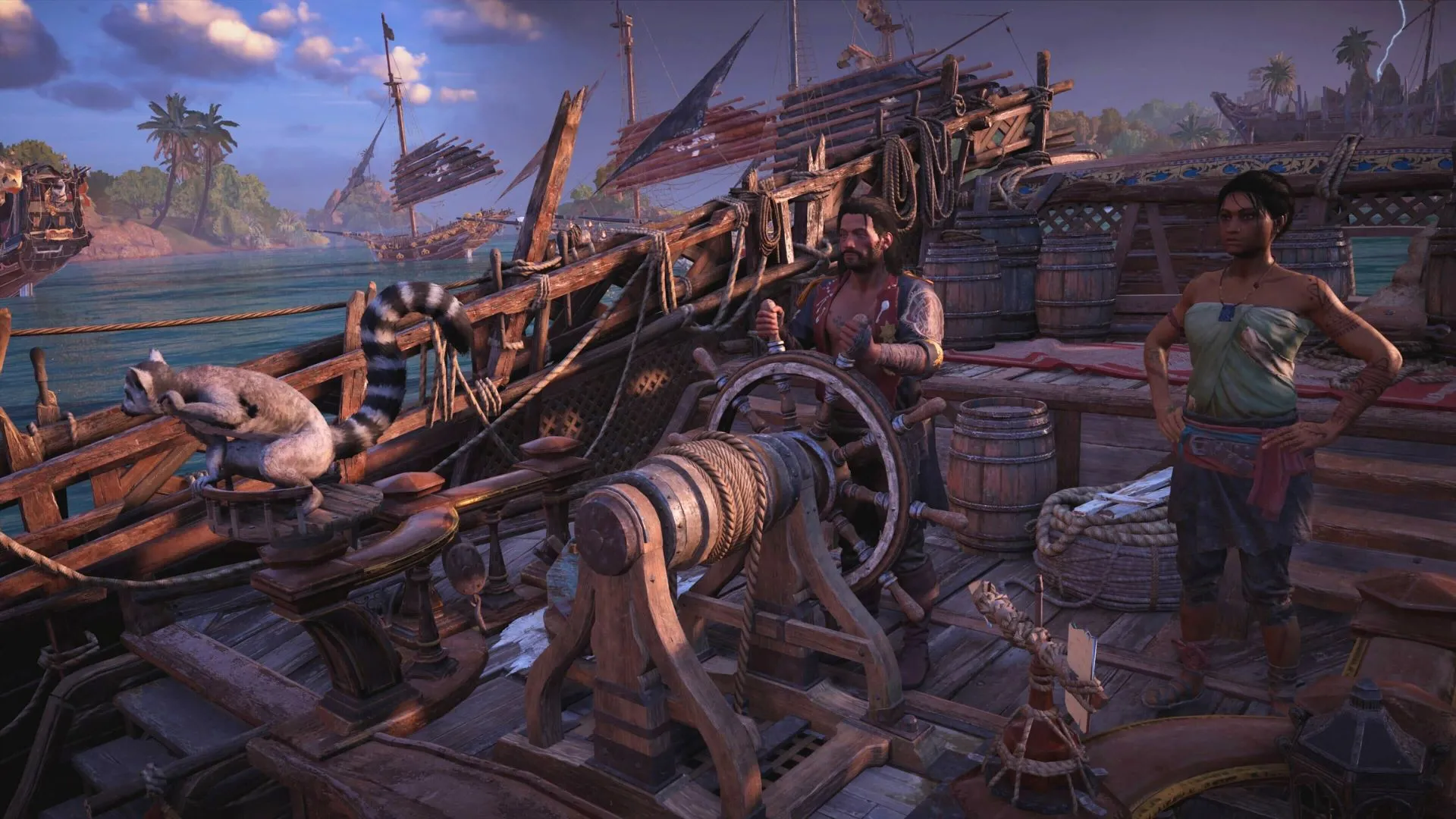 Игрок Skull and Bones, стоящий за штурвалом своего корабля