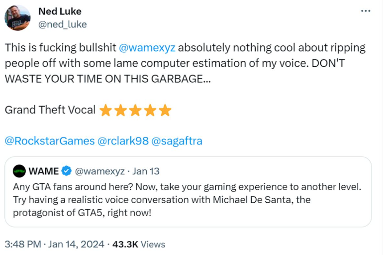 Risposta dell'attore Ned Luke al post di WAME che promuove il chatbot AI di GTA