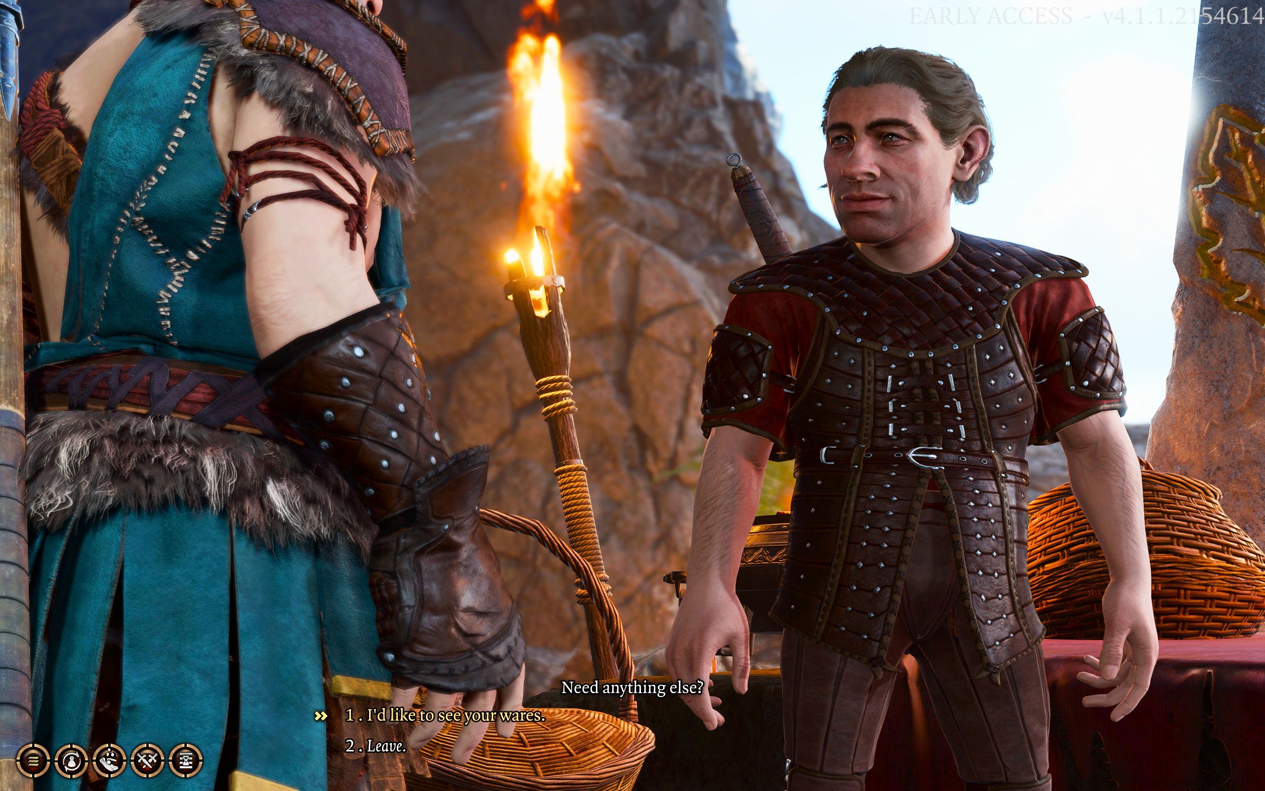 Baldur's Gate 3: Il personaggio del giocatore in dialogo con un mercante nel Druid Grove