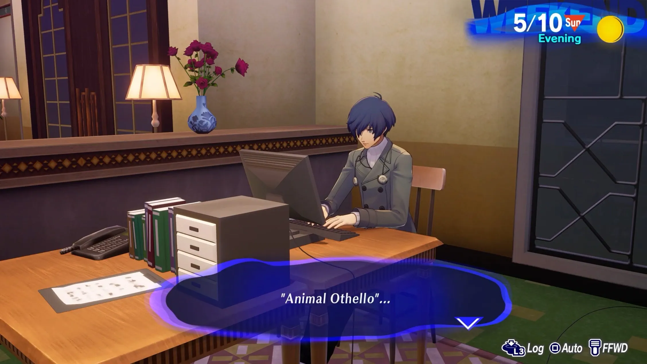 Макото, играющий в Animal Otherllo на компьютере в гостиной общежития Persona 3 Reload, социальные характеристики p3r