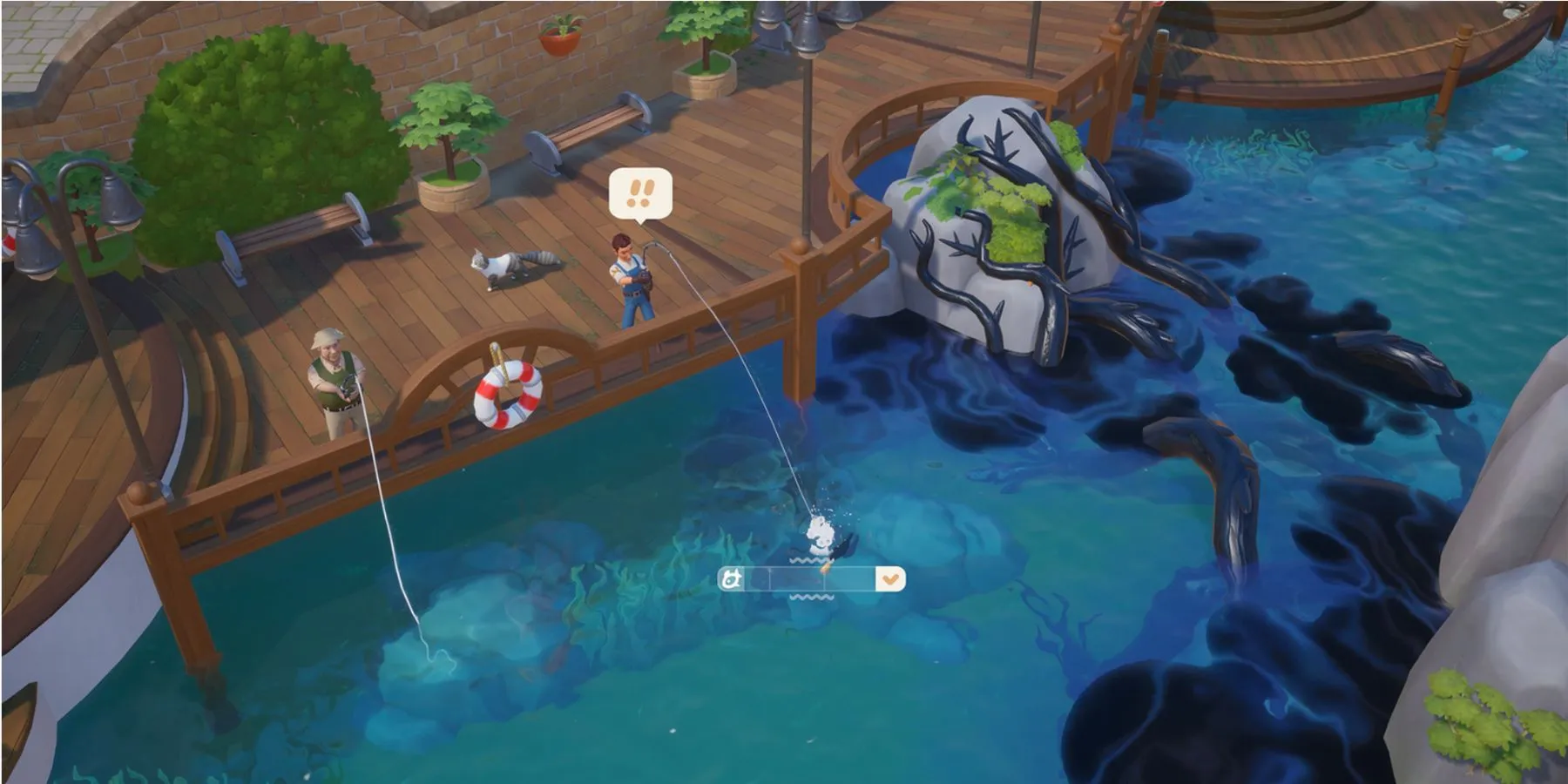 a coral island character fishing near the ocean