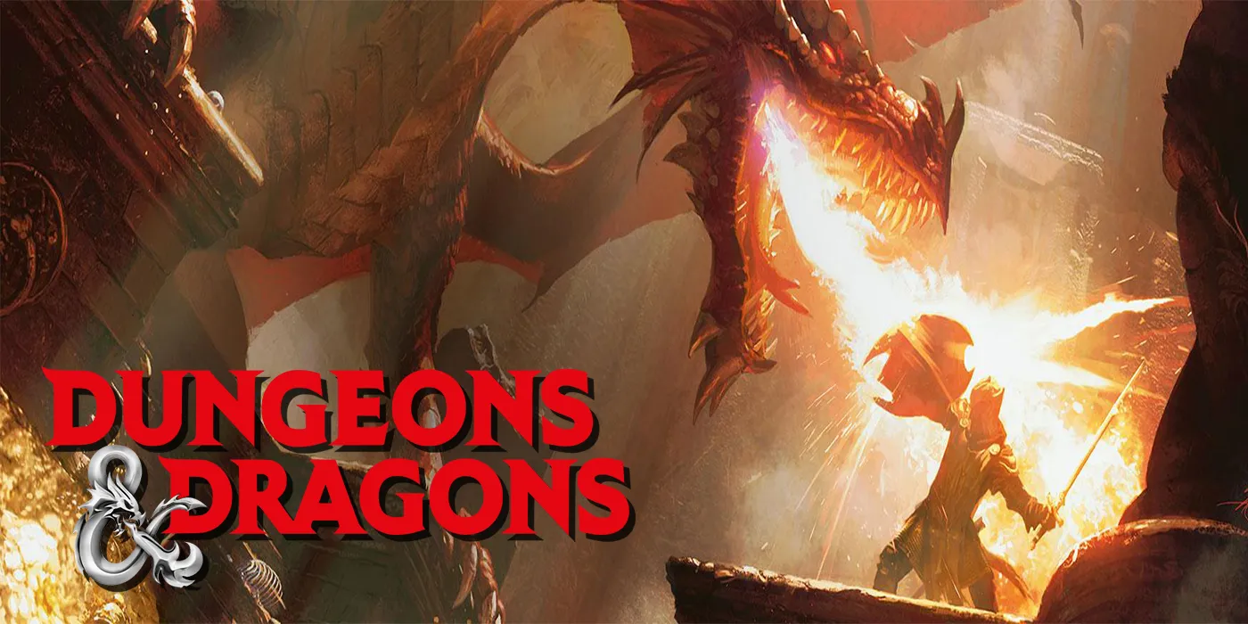 Logo di Dungeons and Dragons su un drago che sputa fuoco