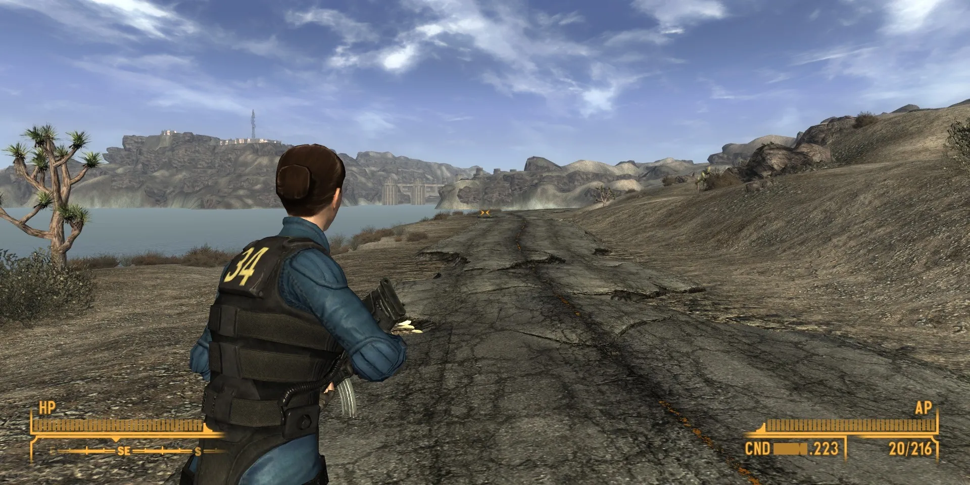 Joueur se déplaçant à travers le désert de Mojave dans Fallout New Vegas