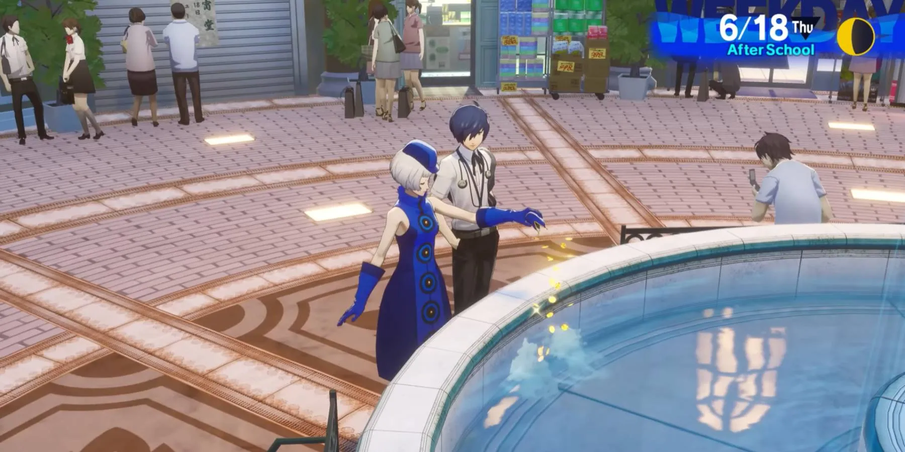 Elizabeth che mette monete in una fontana in Persona 3 Reload