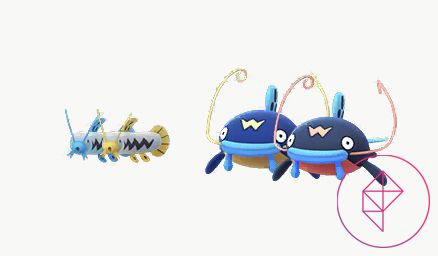 Barboach shiny e Whiscash con le loro forme normali in Pokémon Go. Il Barboach shiny ha accenti dorati e il Whiscash ha accenti arancio-rosa.