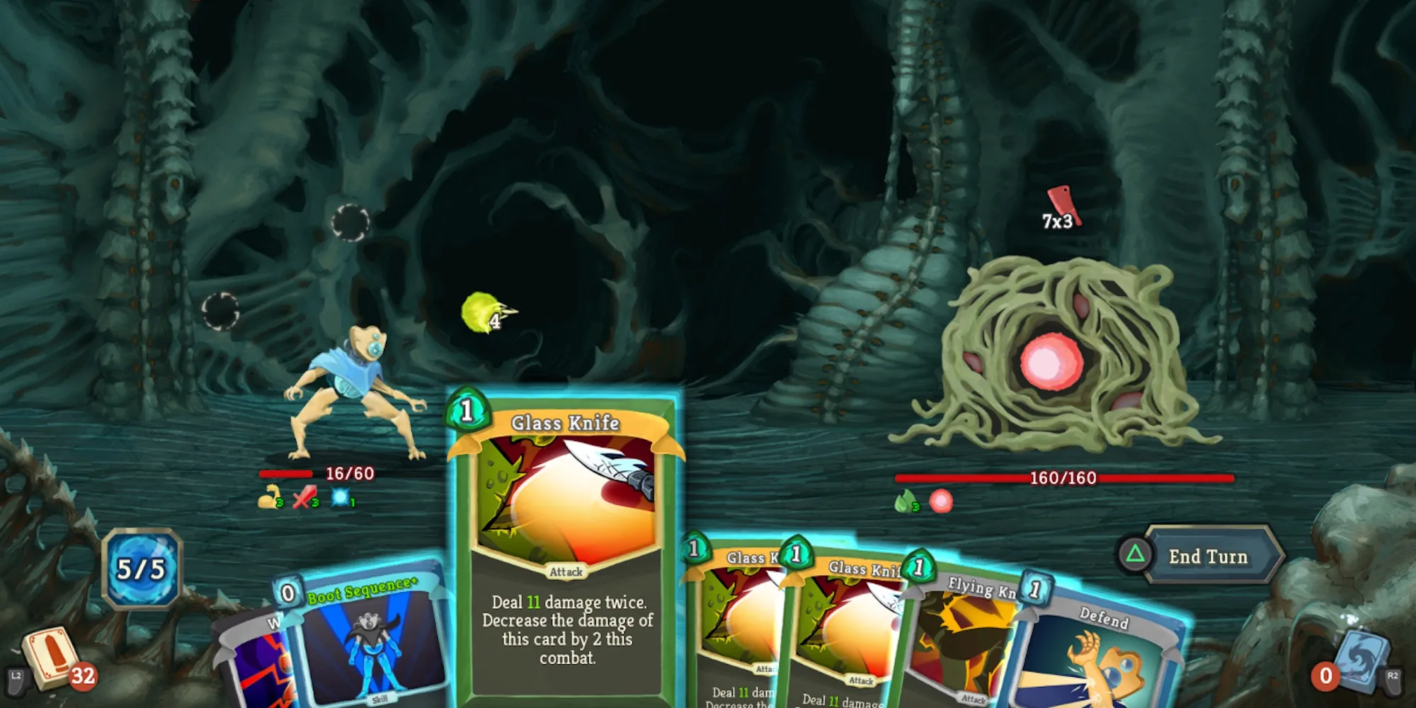 Eligiendo entre siete cartas para luchar contra un monstruo en Slay the Spire