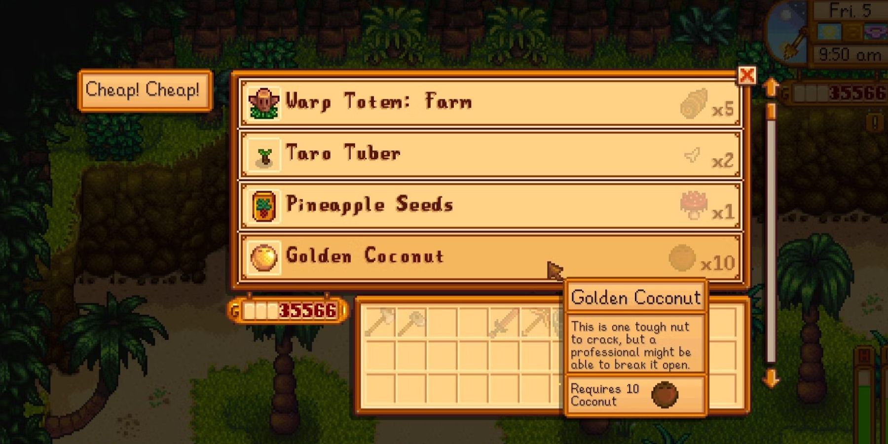 Image of some of the items the Island Trader has in stock in Stardew Valley
