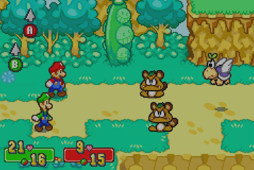 Mario e Luigi affrontano alcuni Goomba in una battaglia a turni in Mario &amp; Luigi: Superstar Saga