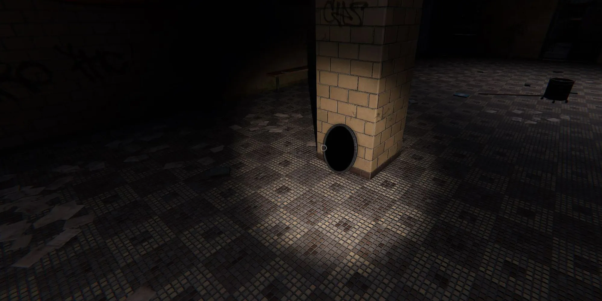 Image depicts the haunted mirror in Phasmophobia on the floor of Bronwstone High School.