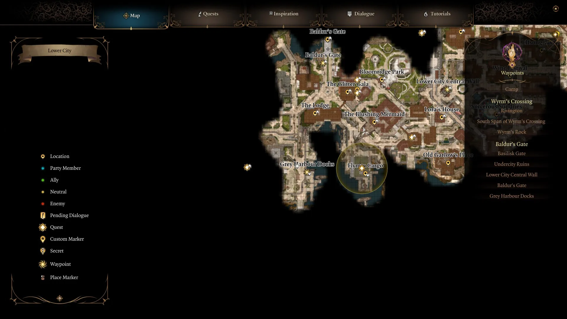 Screenshot of the map of Baldur’s Gate city, showing the location of the Steel Watch Foundry