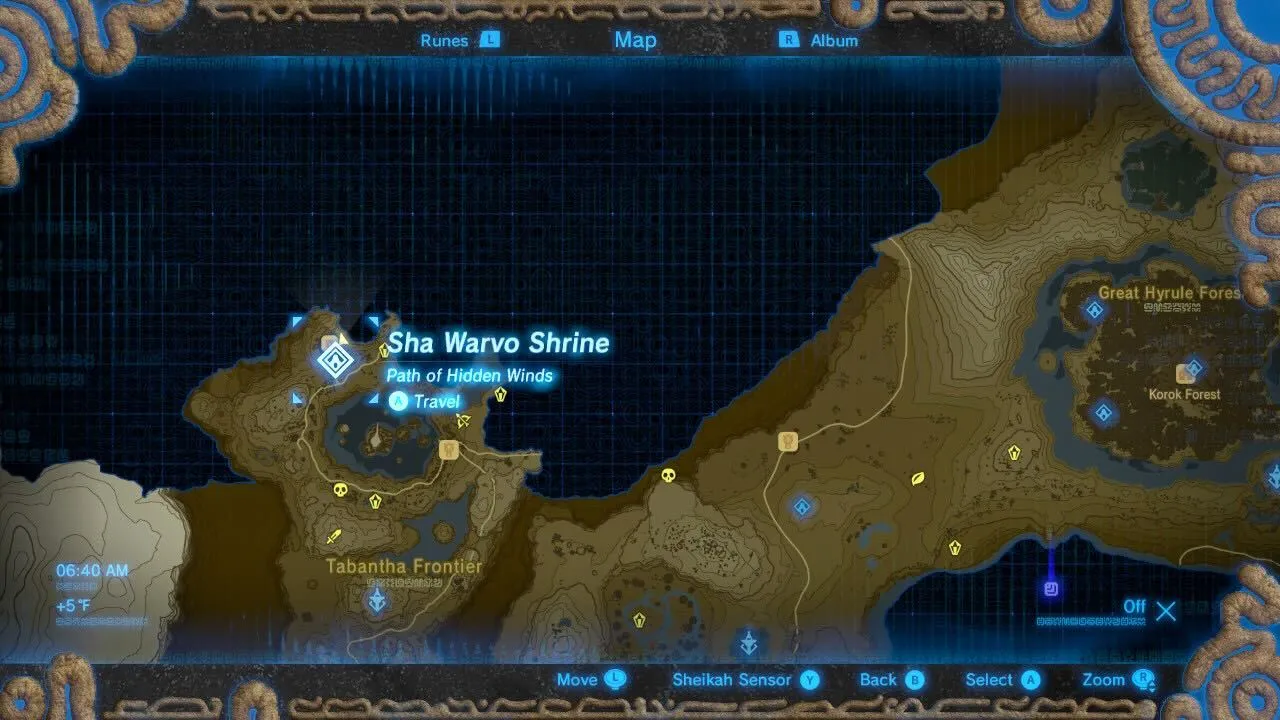 Posizione sulla mappa del Santuario di Sha Warvo in Breath of the Wild