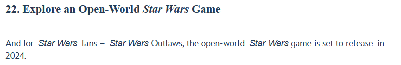 Screenshot da Disney Parks che mostra la nuova data di uscita di Star Wars Outlaws.