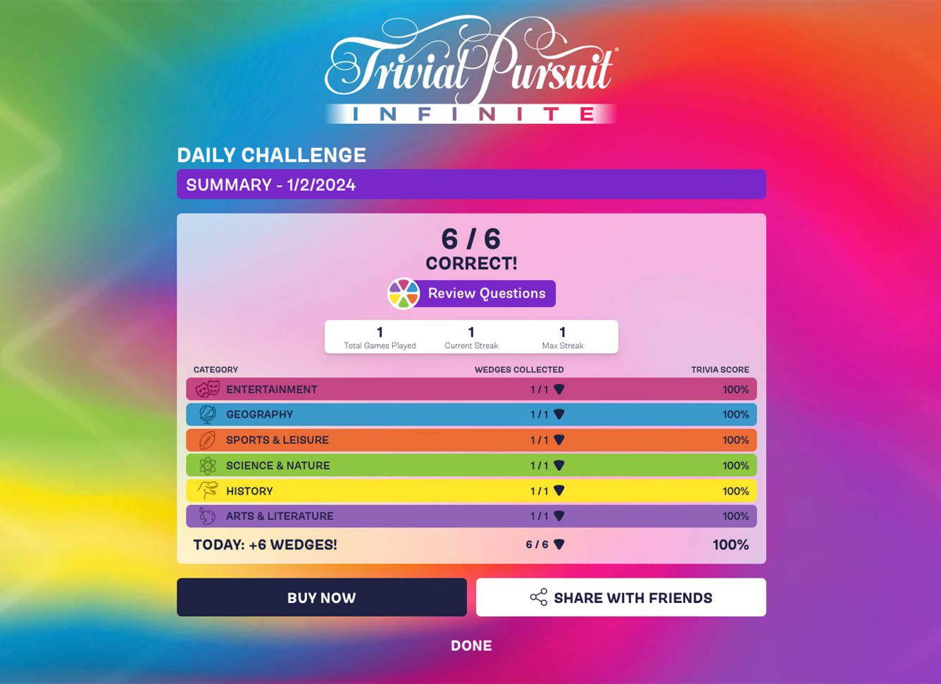 Écran des résultats du défi quotidien de Trivial Pursuit Infinite