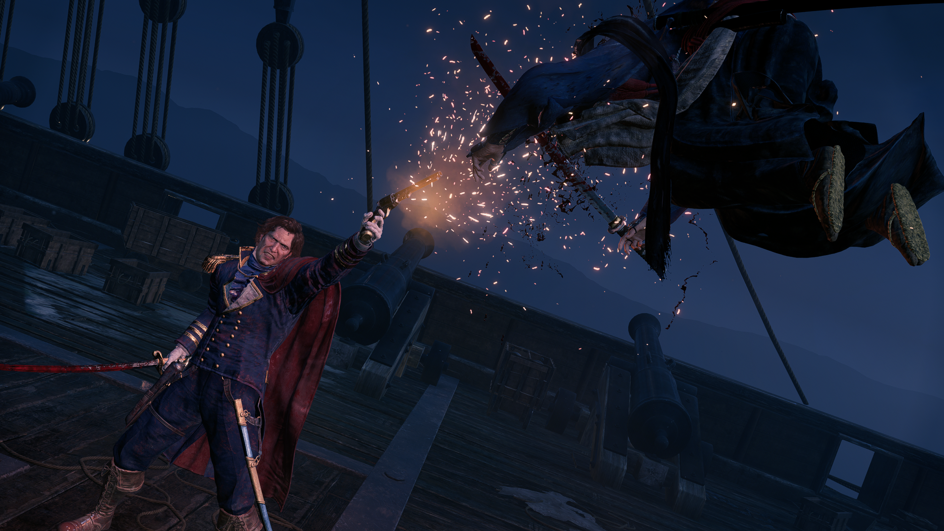 Capture d'écran officielle de Rise of the Ronin montrant un joueur abattant un ennemi en vol avec un pistolet à bord d'un navire